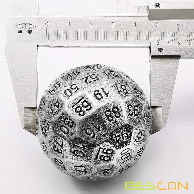 Bescon Solid Metal 100 Sided Dice, Game Dice D100, Giant Polyhedral Metal 100 Sides Dice 50MM in Diameter (1.97in), Ancient Silver