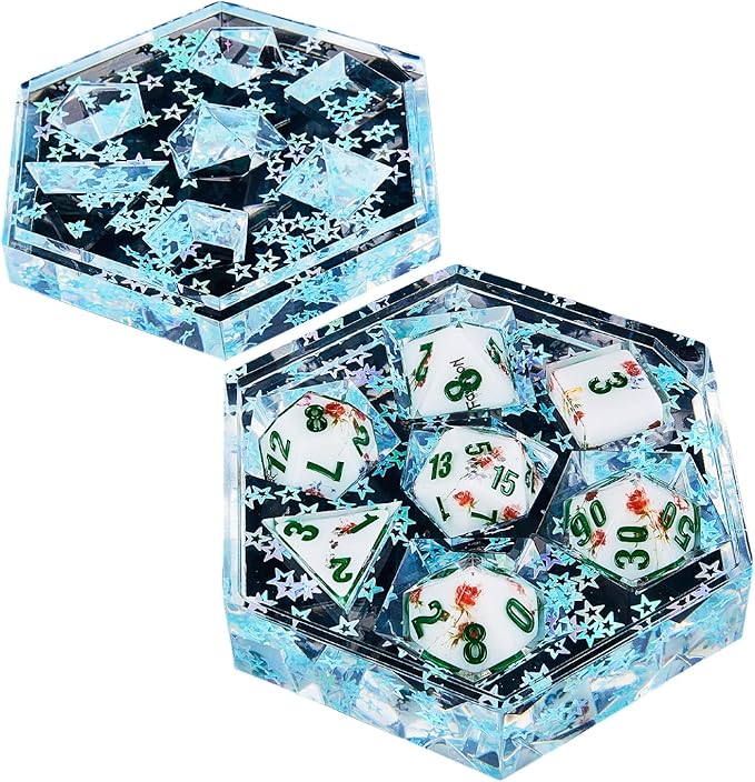 DND Dice Set Polyhedral, IDTQ Dungeons and Dragons Purple Dice Set RPG MTG Table Games 7-Die Resin Sharp with Acrylic Starlight Accent Box (Rose-White)