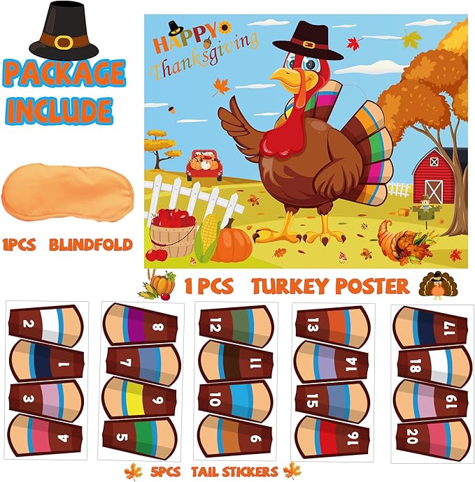 Thanksgiving Games for Kids Pin The Tail On The Turkey with 20pcs Turkey Tails Stickers Turkey Games for Kids Thanksgiving Party Activities Favors Fall Festival Games Friendsgiving Party Games