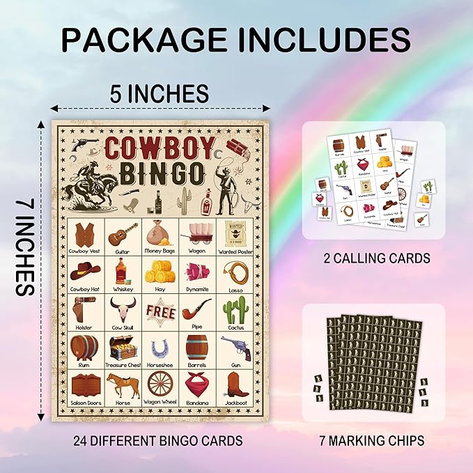 Cowboy Bingo Card Game, Wild West Bingo Set for Adults Family Friends, Western Party Decorations, Cowboy Bingo Kit for Birthday Party, Holiday Games for 24 Players -07