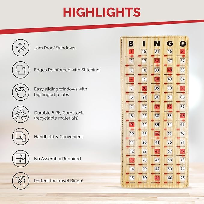MR CHIPS Jam-Proof Finger Tip Master Bingo Card with Sliding Windows Large Cardboard Calling Cards Tan Style