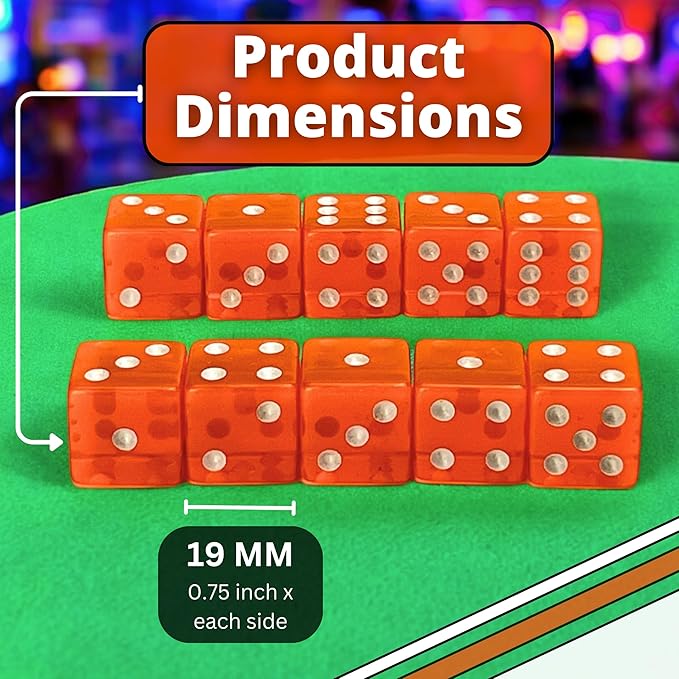 Luck Lab 10 Piece 19 mm Dice Pack - Acrylic and Translucent D6 Dice, Square w/Rounded Edge for Casino, Craps, RPG MTG DND Dice Table Games and Board Games (Orange)
