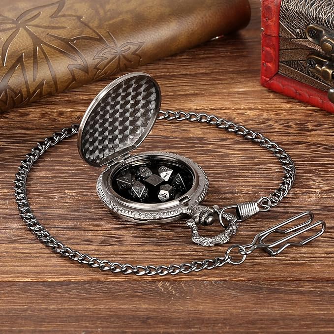 Mini DND Dice Set With Steampunk Barbarian Axe Pocket Watch Shell Case, 7pcs Polyhedral Metal Dice Set, D&D Gifts With Gift Box, Role Playing Board Games Accessories, Dark Silver