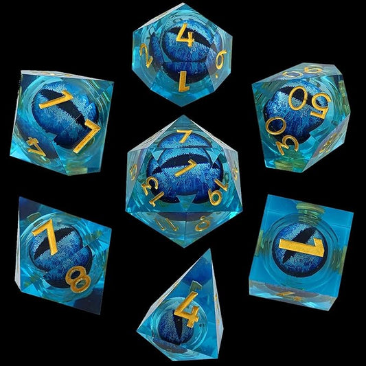 Futhark: Blue Dragon Eyes DND Dice – Polyhedral Resin Dice for Dungeons & Dragons, RPGs, and Board Games – 7 Piece Sharp Edge DND Dice Set with Moving Eyes
