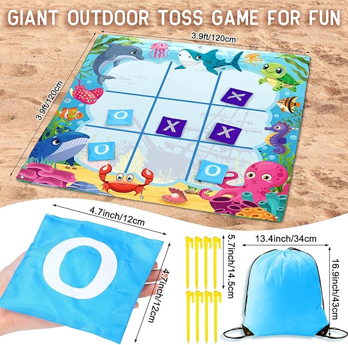 Capoda 20 Pcs Tic Tac Toe Game Set Bean Bag Toss Game Tic Tac Toe Cloth with Bean Bag Storage Pouches Ground Nails for Family Camping Indoor Outdoor Party Toss Games Supplies(Light,Sea Animal)