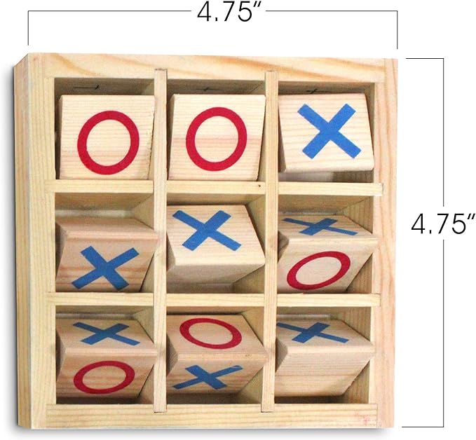 Gamie Wooden Tic-Tac-Toe Game, Small Classic Wood Travel Game for Kids with Fixed Spinning Pieces, Fun Indoor Night Activity for Boys and Girls