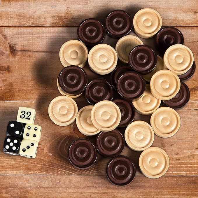 Classic Wooden Checkers Stackable Pieces, Backgammon Pieces, Set of 30 Checkers Pieces, 5 Dice, 2 Drawstring Storage Bags, Checkers (1.2 W X 0.4 H) Inches, Brown+Wood