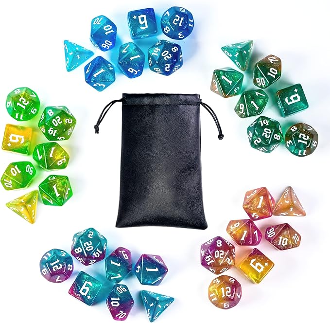 5 Sets DND Dice, Polyhedral Dice Set (35pcs) with Leather Dice Bag, D&D Dice Set for Dungeons and Dragons, RPG, MTG Table Games (Sickle Font Double Color Glitter Series).