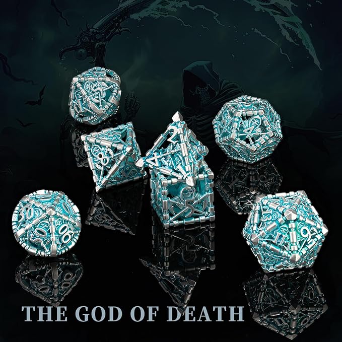 D&D Dice Set, Hollow Blue White Metal Grim Reaper Dice of 7 Piece,Polyhedral DND Dice Role PlayGaming for Dungeons and Dragons Table Game MTG or RPG (Blue and White)