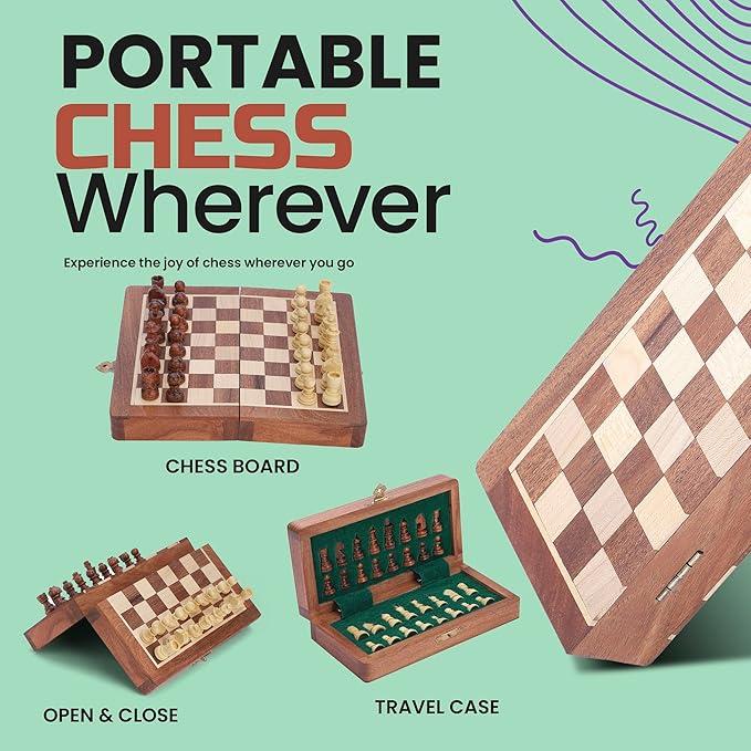 Ajuny Magnetic Travel Chess Set - Handcrafted Acacia Wood, Foldable Board with Elegant Storage Ages