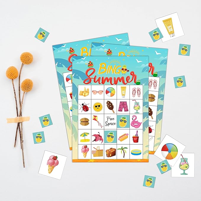 5"x7" Summer Beach Bingo Cards (24 Kinds), Summer Party Favors for teens Birthday, Road Trip Activities, Travel Bingo, Outdoor Or At Home Party Activity -006summer