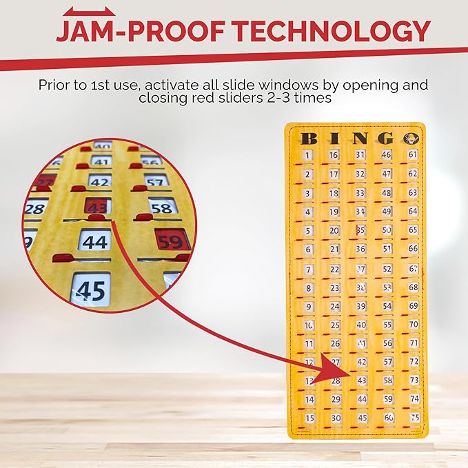 MR CHIPS Jam-Proof Finger Tip Master Bingo Card with Sliding Windows Large Cardboard Calling Cards Woodgrain Style