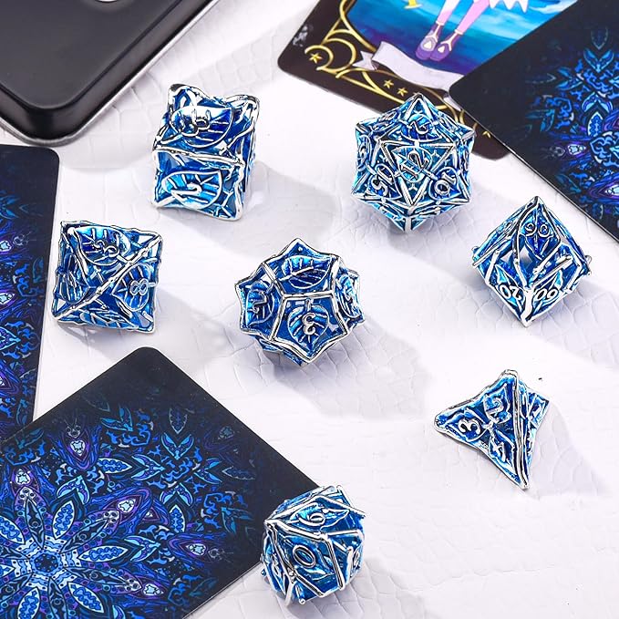 AUSTOR Metal DND Dice Set 7 Pieces Leaf DND Dice Hollow Polyhedral Dice D20 D12 D10 D% D8 D6 D4 Metal Dice with Metal Box for Dungeons & Dragons RPG Board Games (Blue & Silver)