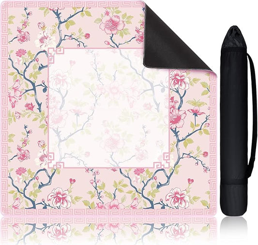 Chinoiserie Mahjong Mat with 1 Carrying Bag 31.5" x 31.5" Pink and White Rubber Anti Slip and Noise Reduction Multi Purpose Game Table Cover for Mahjong, Card, Board Tile Games