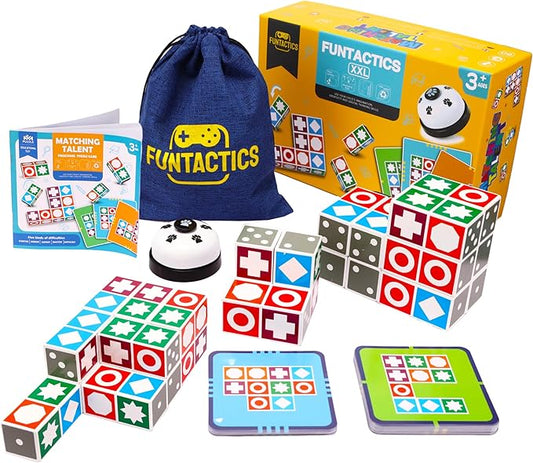 XXL Funtactics Wooden Matching Game Puzzle 3.0 Games, Pattern Block Match Puzzles Building Cubes with Bell for Kids and Adults Toys Board Games for Family Holidays Night 5 Players