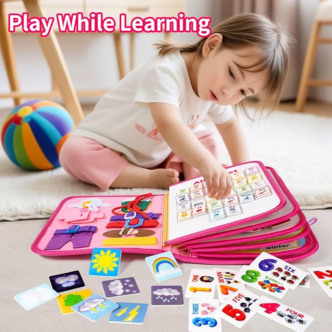 12-page Busy Board Montessori Toddler Toys for 1 2 3 4 Years Old, Busy Book for Toddlers 1-3 Girl Birthday Gift, 24 in 1 Activity Sensory Toys for Motor Skills, Travel Toy for Car Airplane (Pink)