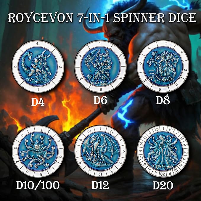 7 in 1 Spinner DND Dice Set, Metal D and D Dragon Dice with Gift Box, Role Playing Dice, Black Blue