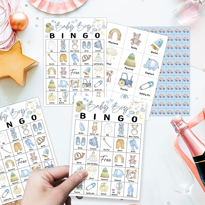 Blue Gender Reveal Bingo Game Cards - 24 Players, Neutral Gender Reveal Party Activities for Family Friends, Bingo Game Pregnancy Announcement Party Favor Supplies