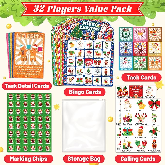 56 Sheets Christmas Bingo Game, 32 Players Christmas Bingo Cards for Kids Adults Christmas Party Game for Family Large Group Winter Holiday Party Favor Kids Bingo