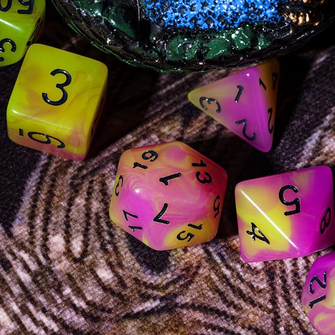 Glow in The Dark DND Dice, 7Pcs Luminous Polyhedral Dice Set with Leather Dice Bag, Glowing D&D Dice for Dungeons and Dragons, RPG, MTG Table Games(Purple Yellow)