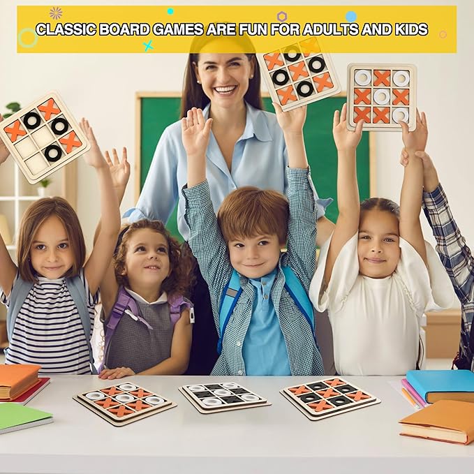 12 Sets Kids Wooden Tic Tac Toe Game XO Wood Board Game Classic Mini Tabletop Game Set for Boys Girls Educational Games Toy Goody Bag Filler Birthday Party Favor