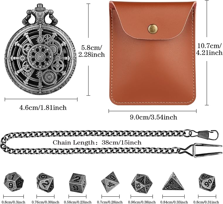 Mini DND Dice Set with Steampunk Hollow Gear Pocket Watch Shell Case, Tiny 7pcs Polyhedral Metal D&D Dice,DND Gifts with Leather Bag, Christmas Gifts, Role Playing Board Games Accessories, Silver