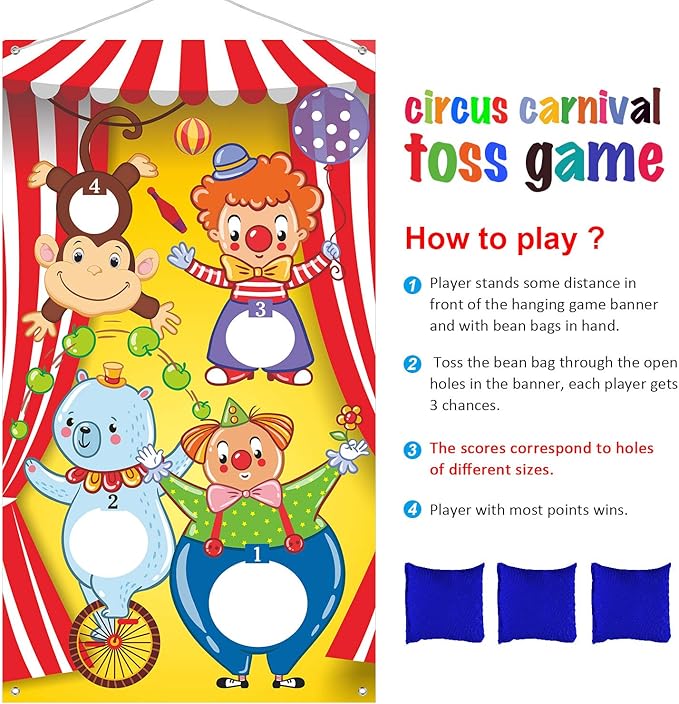 Blulu Carnival Toss Games Banner with 3 Bean Bags Carnival Game for Kids and Adults Circus Theme Party Decorations for Birthday Family Fun Throwing Indoor Outdoor