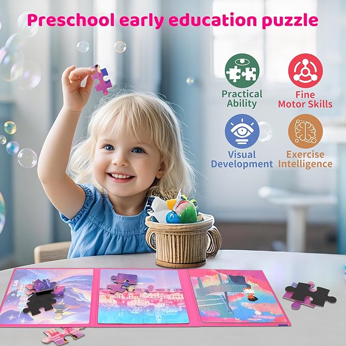 Magnetic Puzzles for Toddlers 3-5 Girls 120 Pieces Two-Book Travel Puzzles for Kids 4-6 Airplane Car Road Trip Activities Games Toys 3 4 5 6 7 8 Year Old Girls Gift