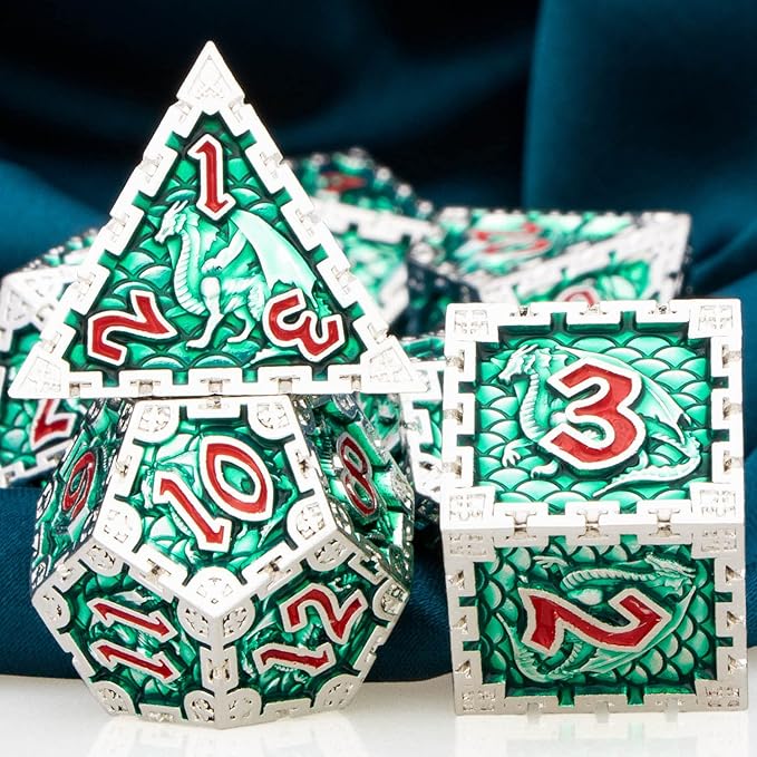 ARUOHHA DND Metal Dice Set 7pcs Green Large Dragon Polyhedral Dice 6 Sided Role Playing Game Handmade D and D Dice D20 D12 D10 D8 D6 D4