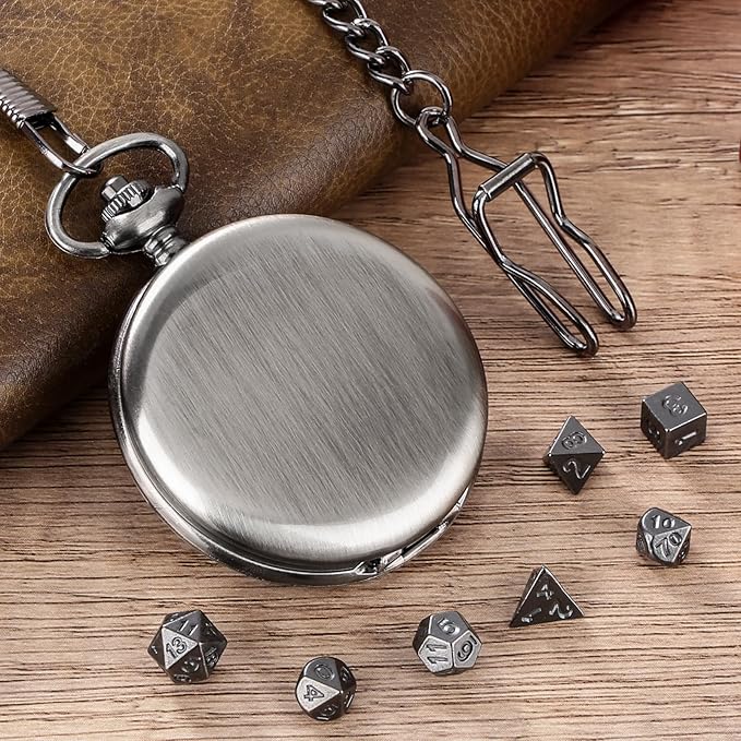 Mini DND Dice Set with Smooth Pocket Watch Shell Case, 7pcs Polyhedral Metal D&D Dice Accessories, DND Gifts with Box for Player, Role Playing Board Games Accessories, DND Gifts, Dark Silver