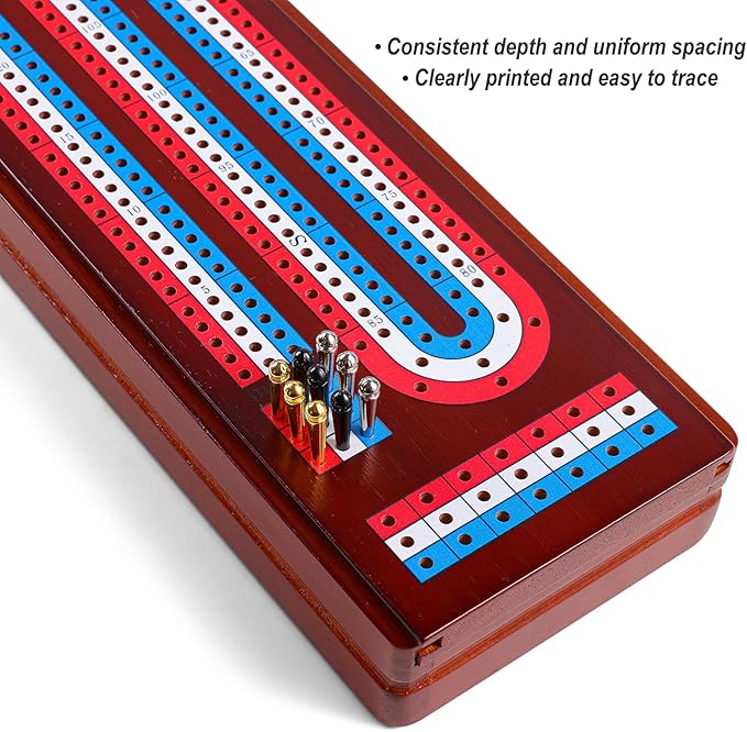 Cribbage Board Game Set with Large Storage Area, Solid Wood 3 Track Cribbage Board, 9 Metal Pegs, 2 Playing Cards and Instruction. Travel Cribbage Sets for All Ages(Vintage Color).