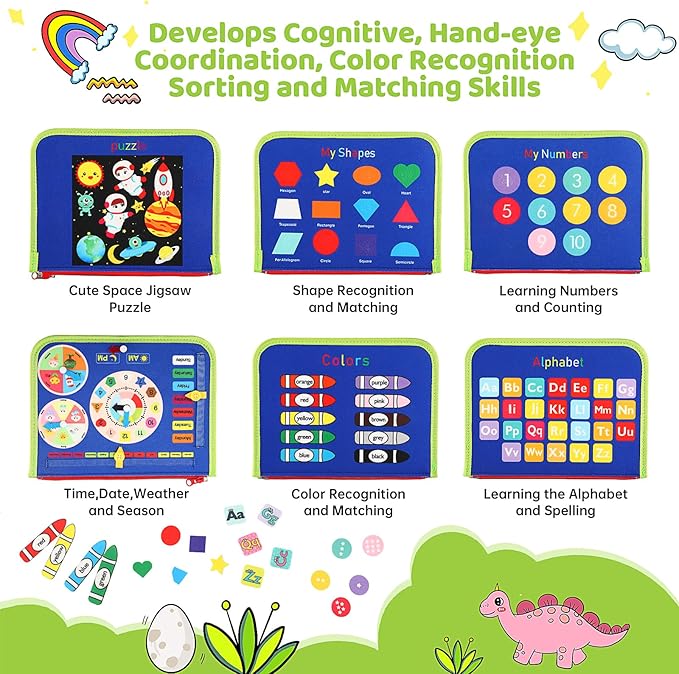 Toddler Busy Book，Dinosaur Toys for Kids 3-5，Busy Board，Montessori Toys，Toddler Travel Toys，Educational Toys，Sensory Board Fine Motor Toys，Toddler Airplane Travel Essentials Quiet Books