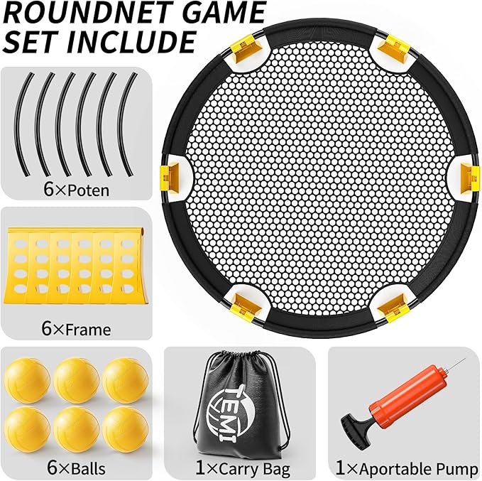 TEMI Outdoor Game Set - Includes 6 Balls, Net and Carrying Bag, Beach Ball Game for Adults, Kids, and Family, Played Outdoors, Indoors, Lawn, Beach, Backyard, Yard and Park
