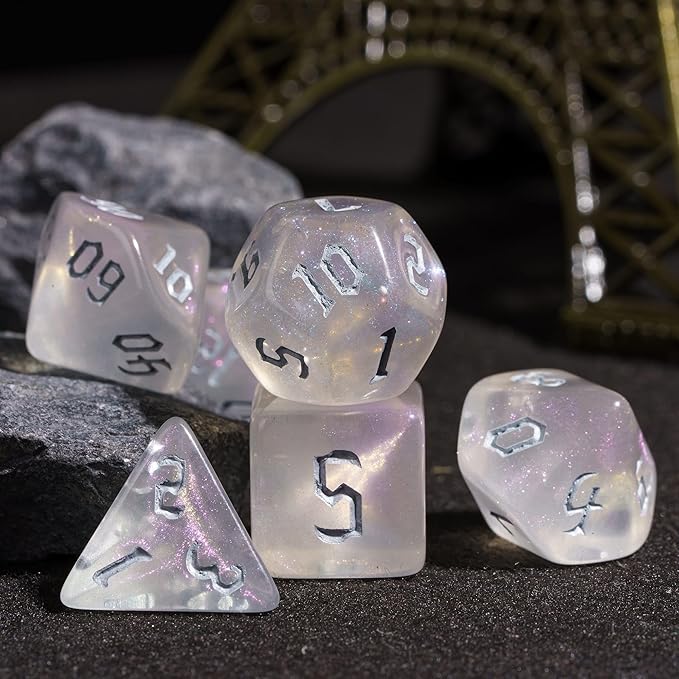 7-Die DND Dice Set Polyhedral Dice Set with Leather Bag D&D Dice Set for Dungeons and Dragons RPG MTG Table Games (Transparent w/Glitter)