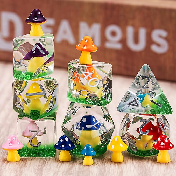 D&D Resin Mushrooms Dice Set, Polyhedral DND Dice Colored Mushrooms Inclusion Dice for Dungeons and Dragons MTG RPG Board Games