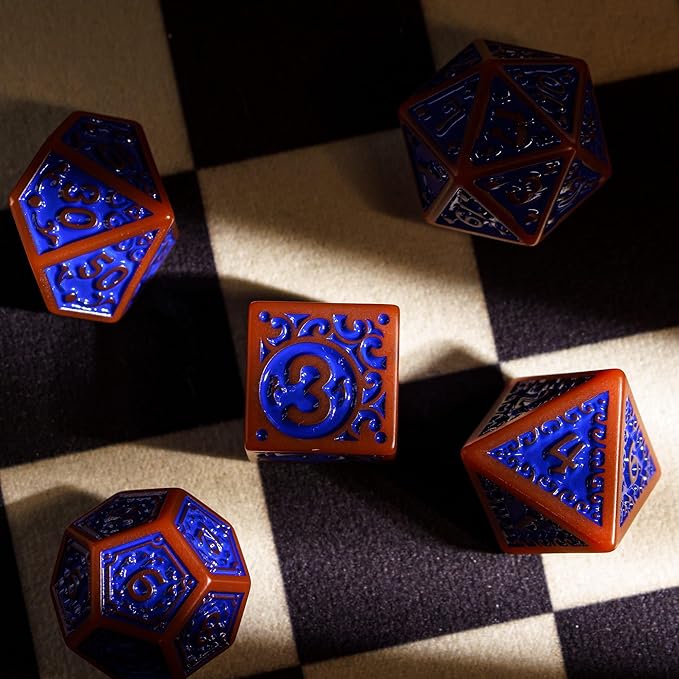 7-Die DND Dice Set New Pattern Polyhedral Dice Set with Leather Bag D&D Dice Set for Dungeons and Dragons RPG MTG Table Games(Brown Blue)