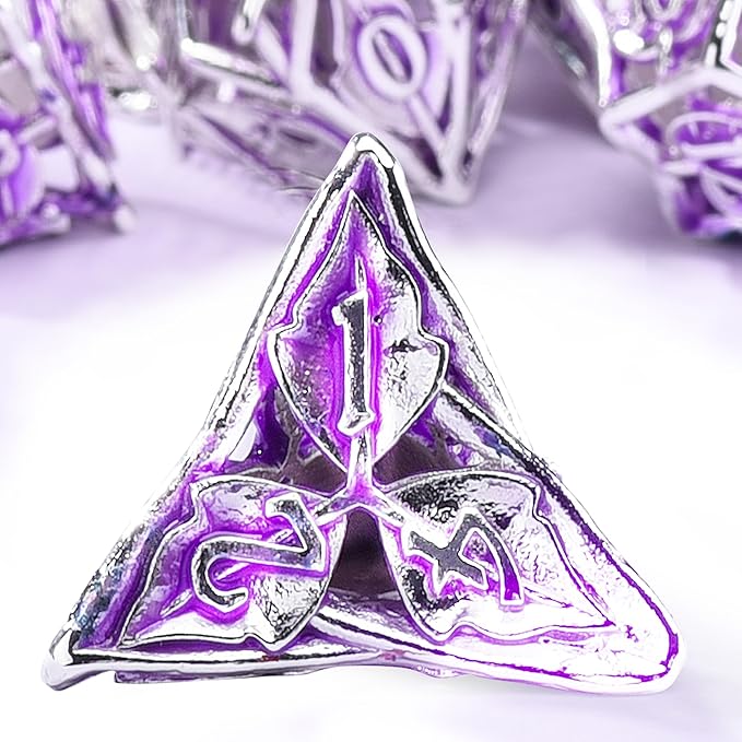 AUSTOR Metal Maple Leaf DND Dice Set 7 Pieces Hollow Polyhedral Dice D20 D12 D10 D% D8 D6 D4 Copper Dice with Metal Box for Dungeons & Dragons RPG Board Games (Violet & Silver)