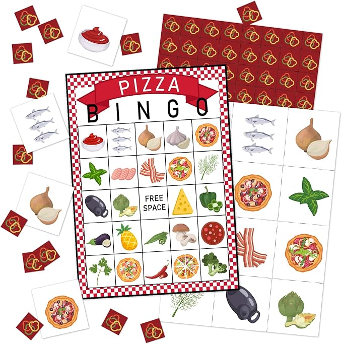 Pizza Party Bingo Game 24 Players Pizza Party Time Bingo Cards for Women Man Birthday Favors for Family Holiday Party Activity Supplies Party Decoration Game- JK0101