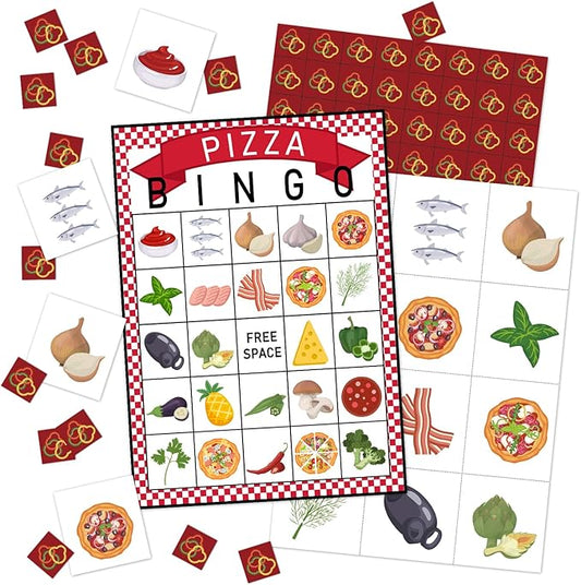 Pizza Party Bingo Game 24 Players Pizza Party Time Bingo Cards for Women Man Birthday Favors for Family Holiday Party Activity Supplies Party Decoration Game- JK0101