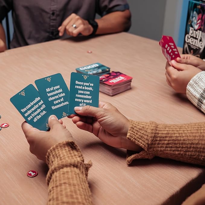 Evil Genie, Party Game Where Players Combine Good Cards with Evil Cards to Grant One Messed Up Wish, Then Guess If The Wish Will Be Taken to Score Points & Win The Game, for 2 – 8 Players, Ages 8+