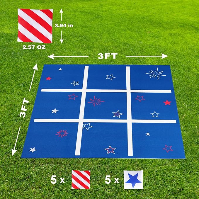 Vanblue 4th of July Tic Tac Toe Bean Bag Toss Game - Giant 3FT Felt Board with 10pcs Red & Blue Bean Bags - Outdoor & Indoor Family Fun Game Set