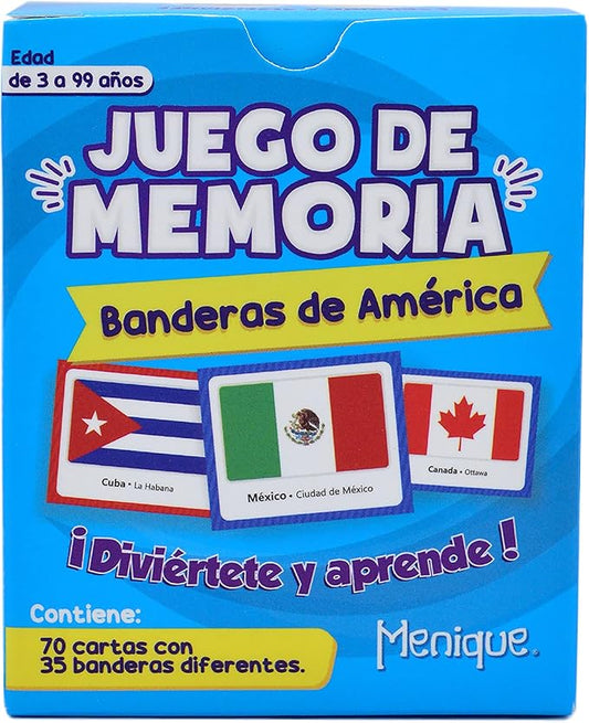 Menique Flags of The Americas Memory Matching Game – Spanish Edition – 70 Cards (35 Pairs) with Flags, Countries & Capitals – Educational Matching Game in Spanish for Kids and Adults