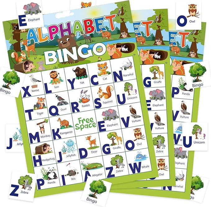 Alphabet Bingo Game for Toddler Adults, 24 Players Letter Bingo Cards Letter Recognition Alphabet Animals Themed Bingo Game Cards for School Classroom Family Activities