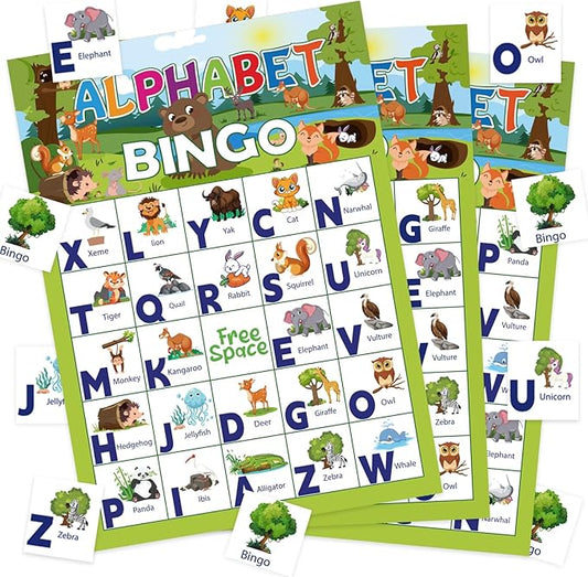 Alphabet Bingo Game for Toddler Adults, 24 Players Letter Bingo Cards Letter Recognition Alphabet Animals Themed Bingo Game Cards for School Classroom Family Activities