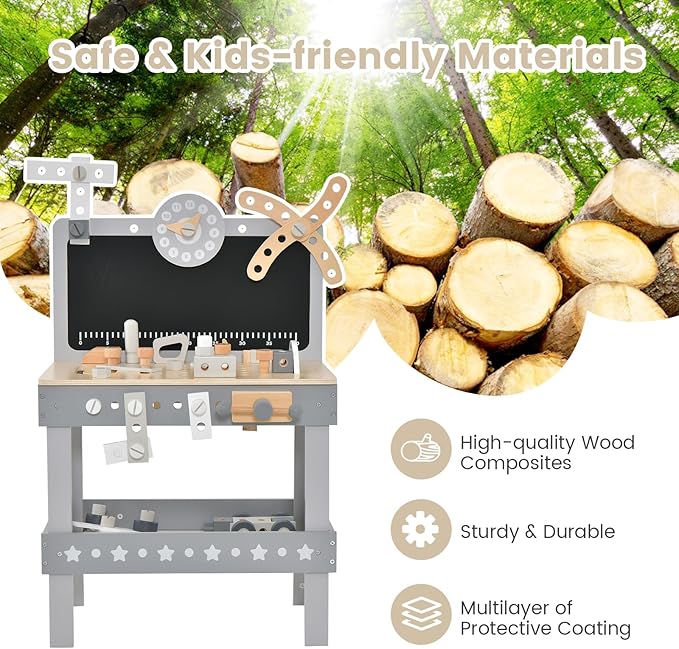 INFANS Tool Bench Set for Toddlers, Kids Wooden Workbench with Blackboard Construction Building Tools and 62 Accessories, Creative Realistic Pretend Play Workshop Gift for Boys Girls