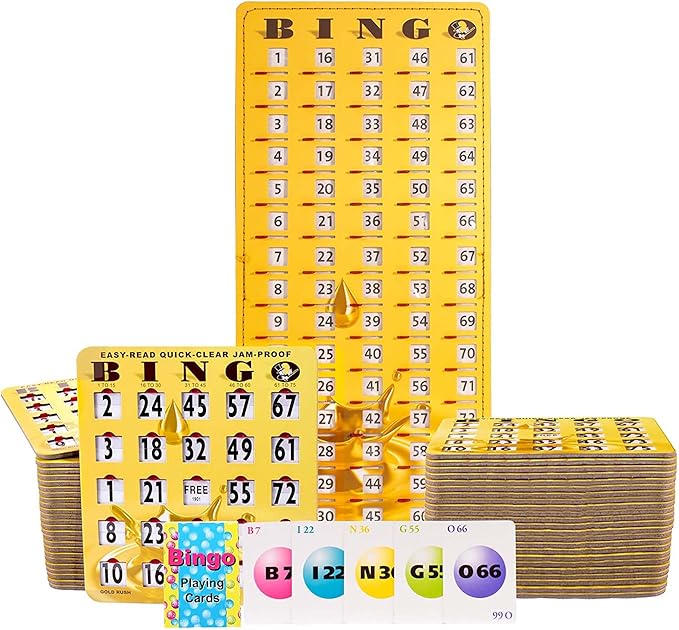 MR CHIPS Jam-Proof Bingo Cards with Sliding Windows, 50 Reusable Shutter Cards, 75 Calling Cards 1 Master Board in Gold Rush Style