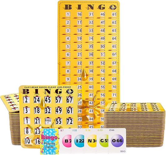 MR CHIPS Jam-Proof Bingo Cards with Sliding Windows, 50 Reusable Shutter Cards, 75 Calling Cards 1 Master Board in Gold Rush Style