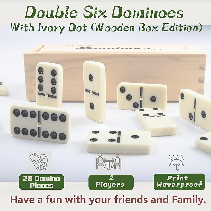 Smilejoy Dominoes Set for Adults, Domino Set for Classic Board Games,Double 6 Domino Game Set 28 Pieces with Wood Case (2 Players)