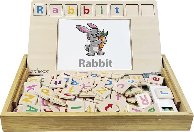 LEXIBOOK EDU100i2 Bio Toys School, Bilingual Spanish/English, Wooden, 50 Word Cards, Alphabet, Educational Game, Medium