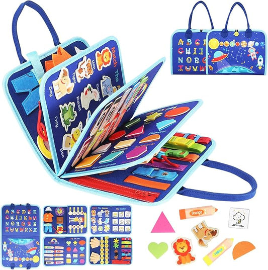 Montessori Toys for 3+ Year Olds, 9 in 1 Busy Board for Toddlers, Sensory Board Activities Learning Travel Toys for Plane Car, Birthday Gifts for Kids Boys Girls (Blue Planet)